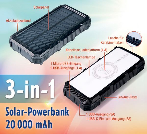 3-in-1 Solar-Powerbank 20.000 mAh